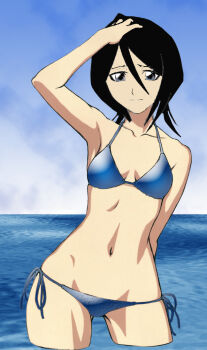 Rule 34 | 1girl, arm behind back, bikini, black hair, bleach, blue bikini, collarbone, grey eyes, hand on own head, highres, kuchiki rukia, looking at viewer, medium hair, navel, ocean, side-tie bikini bottom, sky, smile, solo, swimsuit, tigercate1