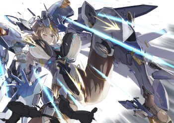 1girl ammo21204760 armor armored_boots battle_damage black_leotard black_pantyhose blonde_hair blue_eyes blue_gloves bodysuit boots breasts broken_armor brown_hair clenched_teeth commentary covered_navel damaged gloves headgear highres large_breasts leotard longinus-beta_(starward) mecha_musume mechanical_wings multicolored_hair multicolored_leotard one_eye_closed pantyhose sidelocks simple_background solo starward tears teeth thrusters torn_bodysuit torn_clothes torn_leotard torn_pantyhose two-tone_hair two-tone_leotard white_background white_leotard wings
