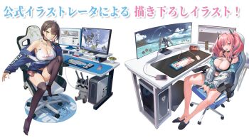 2girls ahoge artist_collaboration azur_lane baltimore_(azur_lane) bare_shoulders black_choker black_shorts braid breasts bremerton_(azur_lane) can candy cellphone chain chair character_doll choker cleavage closed_mouth clothes_writing collarbone computer computer_keyboard computer_mouse computer_tower doll english_text food gaming_chair hair_intakes hair_ornament hairclip headgear highres jacket katsudansou keli_bang knee_up large_breasts lollipop long_hair long_sleeves looking_at_viewer mole mole_on_breast mole_under_eye monitor mouth_hold multicolored_hair multiple_girls navel no_shoes official_art open_clothes open_jacket phone pink_eyes pink_hair pocky purifier_(azur_lane) short_hair short_shorts shorts single_bare_shoulder siren_(azur_lane) sitting slippers smartphone smartphone_case spread_legs streaked_hair swivel_chair thighhighs thighs tissue_box tongue tongue_out translated twintails zipper zipper_pull_tab