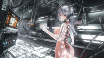 1girl absurdres android ass breasts cable commentary_request grey_hair headgear highres indoors large_breasts long_hair looking_at_viewer mechabare mechanical_spine monitor orange_eyes original science_fiction see-through_body seymour_(sai_lu_er) shiny_skin solo standing