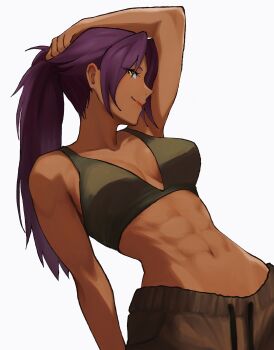 1girl abs absurdres bleach breasts cleavage collarbone dark-skinned_female dark_skin highres large_breasts long_hair looking_at_viewer looking_to_the_side pants parted_bangs ponytail purple_hair shihouin_yoruichi sira_(si12o2) smile sweatpants toned toned_female yellow_eyes