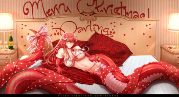 1girl alcohol areola_slip bed bell blush bow breasts cameltoe champagne champagne_bottle champagne_flute christmas closed_mouth commentary cup drinking_glass elbow_gloves english_commentary english_text full_body gloves hair_ornament hairclip indoors jingle_bell krabbytheartist large_breasts long_hair looking_at_viewer maebari miia_(monster_musume) monster_girl monster_musume_no_iru_nichijou on_bed pasties pink_bow pointy_ears red_gloves red_hair smile solo star_(symbol) star_pasties striped_bow tail tail_bow tail_ornament wallpaper_(object) watermark web_address
