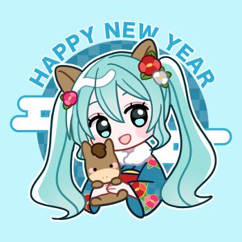 Rule 34 | 1girl, :d, animal ears, blue background, blue eyes, blue hair, blue kimono, blush stickers, botausaa, checkered background, chibi, chibi only, chinese zodiac, commentary request, cropped torso, dot nose, double-parted bangs, floral print, floral print kimono, hair between eyes, happy new year, hatsune miku, highres, horse ears, horse girl, japanese clothes, kemonomimi mode, kimono, long hair, long sleeves, looking at viewer, new year, obi, open mouth, outline, print kimono, red sash, sash, smile, solo, twintails, vocaloid, white outline, wide sleeves, year of the horse