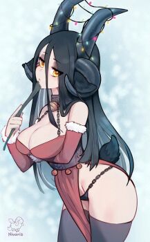 1girl animal_ears artist_name black_hair black_horns black_panties black_thighhighs breasts christmas_lights cleavage commentary commission cowboy_shot english_commentary goathicca highres horns large_breasts long_hair original panties pelvic_curtain side_slit skeb_commission sunset_nivaris tail thighhighs underwear yellow_eyes