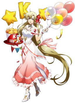 1girl :d balloon bare_shoulders black_ribbon blonde_hair bow brand_name_imitation breasts bucket_of_chicken celebration chicken_(food) chicken_leg cleavage_cutout clothing_cutout collarbone confetti corn corset cup curtained_hair dress drink earrings fast_food floating_hair food french_fries fried_chicken frilled_dress frills full_body game_cg gem gradient_clothes gradient_dress hair_between_eyes hair_bow hair_ribbon high_heels highres holding holding_balloon holding_tray jewelry kfc langrisser langrisser_ii langrisser_mobile large_breasts letter_balloon long_hair long_sidelocks looking_at_viewer low-tied_long_hair neck_ribbon off-shoulder_dress off_shoulder official_alternate_costume official_art open_mouth orange_eyes parted_bangs pearl_(gemstone) pearl_hair_ornament pink_dress pink_ribbon ponytail red_ribbon riana_(langrisser) ribbon second-party_source shoes sidelocks simple_background smile solo standing star_balloon string_of_flags tachi-e transparent_background tray very_long_hair white_corset white_dress white_shoes wrist_wrap