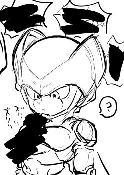 2boys ? cell_(dragon_ball) cell_junior censored child closed_mouth confused dragon_ball dragonball_z greyscale highres looking_at_penis looking_down male_focus monochrome multiple_boys navel obata2nd penis shota sketch solo_focus speech_bubble spoken_question_mark spots upper_body wings