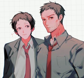 2boys adachi_tooru beard_stubble black_hair black_jacket closed_mouth collared_shirt commentary_request doujima_ryoutarou facial_hair formal_clothes grey_background grey_shirt grid_background highres jacket kamin_021 looking_at_another looking_to_the_side male_focus multiple_boys necktie persona persona_4 red_necktie shirt short_hair simple_background stubble suit upper_body white_shirt