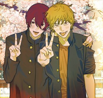 2boys black_hair blonde_hair buttons chainsaw_man commentary_request denji_(chainsaw_man) gakuran hair_between_eyes hand_on_another&#039;s_shoulder highres iikaruqqq jacket male_focus mole mole_under_mouth multiple_boys open_clothes open_jacket school_uniform sleeves_pushed_up spanish_commentary teeth tongue tongue_out upper_body v yoshida_hirofumi