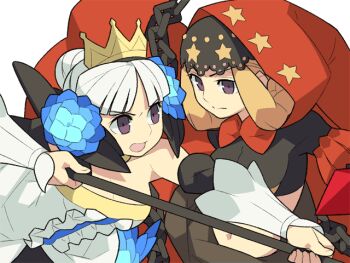 2girls anime_coloring aqua_flower archived_source bad_link bare_shoulders black_shirt black_sleeves black_veil blonde_hair blue_flower blunt_bangs braid braided_sidelock breasts center_frills chain cleavage closed_mouth cropped_shirt detached_hood detached_sleeves dress fighting fingernails flower frills gold_tiara gwendolyn_(odin_sphere) hair_bun holding holding_polearm holding_weapon hood hood_up itsumo_nokoru lace-trimmed_veil lace_trim liripipe medium_breasts midriff multiple_girls nose odin_sphere open_mouth polearm print_hood psypher_(odin_sphere) puff_and_slash_sleeves puffy_sleeves red_hood red_sleeves shirt sidelocks simple_background split_mouth star_(symbol) star_print strapless strapless_dress upper_body v-shaped_eyebrows valkyrie vanillaware veil velvet_(odin_sphere) weapon white_background white_dress white_hair white_sleeves