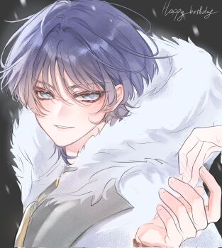 1boy bishounen black_bodysuit blunt_ends bodysuit choppy_bangs coat commentary eyelashes eyeliner eyeshadow fatui_coat female_pov fingernails fur_hood genshin_impact grey_background grey_eyes hacwss hand_blush hand_up happy_birthday highres hood hood_up lapels makeup offering_hand open_hand outdoors parted_lips portrait pov purple_hair red_eyeliner red_eyeshadow scaramouche_(genshin_impact) smile snowing sweatdrop symbol-only_commentary tsurime turtleneck turtleneck_bodysuit white_coat white_hood white_mouth