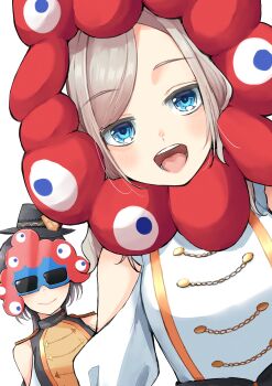 2girls :d absurdres bare_shoulders blue-framed_eyewear blue_eyes buttons ceras_yanagida_lilienfeld chain closed_mouth clothing_cutout commentary double-breasted dress edel_note edelied expo2025 grey_hair highres katsuragi_izumi link!_like!_love_live! looking_at_viewer love_live! mendo_(mend0o0) multiple_girls myaku-myaku official_alternate_costume open_mouth shoulder_cutout simple_background smile sunglasses teeth upper_body virtual_youtuber white_background white_dress