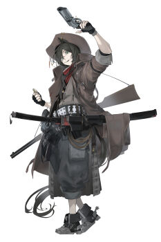 1girl absurdres animal_ear_piercing animal_ears arm_up bandana bandana_around_neck belt black_gloves black_pants brown_coat brown_hat bullet coat cowboy cowboy_hat fingerless_gloves full_body gloves green_eyes gun handgun hat highres holding holding_bullet holding_gun holding_weapon holstered horse_ears horse_girl horse_tail looking_at_viewer original pants pants_rolled_up pocket red_bandana revolver sheath sheathed shot_(shot0598) shotgun simple_background spurs standing steel-toe_boots strap sword tail weapon western white_background