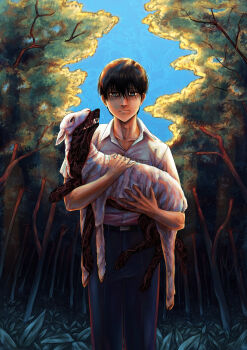 1boy absurdres baby_animal belt black_hair body_horror collarbone collared_shirt dress_shirt guro hair_between_eyes highres hikaru_ga_shinda_natsu lamb lips looking_at_viewer male_focus mole mole_on_cheek mole_under_eye mole_under_mouth multiple_moles outdoors pants school_uniform sheep shirt short_hair short_sleeves solo tree tsujinaka_yoshiki vaimetanyx white_shirt wolf