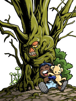 Rule 34 | 1boy, 1girl, blue gloves, blue hair, bob (fallout), branch, bush, clenched teeth, closed eyes, commentary, dark-skinned female, dark skin, denim, denim overalls, fallout, fallout 3, gloves, glowing mushroom, gums, half-closed eyes, harold (fallout), hirekatsu, holding, looking at another, missing tooth, monster boy, mushroom, on ground, one-eyed, overalls, plant boy, plant roots, sandals, short hair, simple background, sitting, smile, stuffed animal, stuffed toy, suspenders, teddy bear, teeth, tree, white background, yellow eyes, yew (fallout)