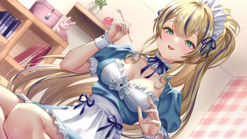 1girl absurdres apron black_hair blonde_hair blue_dress blue_ribbon blue_streaks blush book bookshelf breasts buttons center_frills choker cleavage collarbone commentary_request dress dutch_angle eyelashes frilled_choker frilled_sleeves frilled_wrist_cuffs frills green_eyes highres holding indoors large_breasts light_particles long_hair looking_at_viewer maid_headdress mary_is_mine mimikaki multicolored_hair neck_ribbon open_mouth original ponytail puffy_short_sleeves puffy_sleeves ribbon short_sleeves smile solo streaked_hair vase very_long_hair white_apron white_wrist_cuffs wrist_cuffs