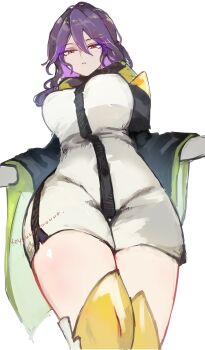 1girl closed_mouth gina_(gnosia) gloves gnosia hair_between_eyes heterochromia highres hood hoodie koyuuuuuuuuuuu long_sleeves looking_at_viewer medium_hair monochrome multiple_persona purple_hair simple_background solo upper_body wavy_hair