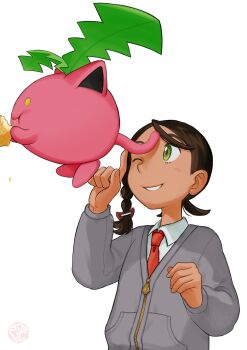 1girl :t braid brown_hair collared_shirt commentary_request eating elizabeth_(tomas21) gen_2_pokemon green_eyes grey_jacket grin hand_up highres hoppip index_finger_raised jacket juliana_(pokemon) long_sleeves necktie nintendo one_eye_closed orange_necktie pokemon pokemon_(creature) pokemon_sv shirt simple_background smile teeth white_background white_shirt zipper zipper_pull_tab