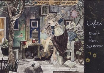 Rule 34 | 1girl, acrylic paint (medium), blonde hair, blush, book, braid, cafe, chair, commentary request, cup, dress, english text, flower, green eyes, hair ribbon, hat, karintoun, long hair, original, painting (medium), plant, ribbon, shoes, signature, sitting, socks, swept bangs, table, traditional media, tree, watercolor (medium), wavy hair, window