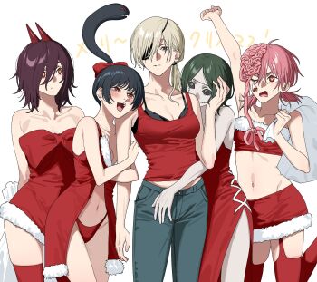 black_necktie brain breasts chainsaw_man commentary_request cosmo_(chainsaw_man) dangling_eye exposed_brain eyepatch futakuchi-onna grey_hair highres kayuu_(hikentai0112) long_(chainsaw_man) long_hair looking_at_viewer medium_breasts multiple_girls necktie pants pingtsi_(chainsaw_man) ponytail prehensile_hair quanxi's_group_(chainsaw_man) quanxi_(chainsaw_man) shirt simple_background stitched_face stitched_mouth stitches tank_top tsugihagi_(chainsaw_man) white_hair yuri