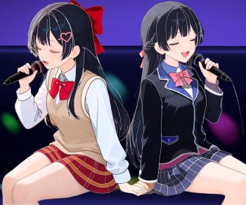 2girls arm_at_side black_hair black_jacket blazer bow bowtie brown_sweater_vest closed_eyes collared_shirt commentary_request crossover feet_out_of_frame grey_skirt hair_ornament half_updo hand_up heart heart_hair_ornament highres holding holding_hands holding_microphone jacket jpeg_artifacts korean_commentary layered_sleeves lfa_kun long_hair long_sleeves microphone miniskirt multiple_girls music nijisanji open_mouth pink_bow pink_bowtie plaid_clothes plaid_skirt red_bow red_bowtie red_eyes shirayuki_hina shirt singing sitting skirt stellive sweater_vest tsukino_mito tsukino_mito_(1st_costume) virtual_youtuber white_shirt wing_collar