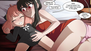 2girls absurdres age_difference anya_(spy_x_family) ass bare_shoulders bed_sheet black_dress black_hair blush bow breasts cameltoe closed_eyes cone_hair_bun crotch_rub crotch_seam dress english_text eyelashes feet_out_of_frame female_focus g_reaper gluteal_fold green_eyes hair_bun hairband highres loli long_hair looking_at_another lying medium_breasts medium_hair molestation multiple_girls on_back on_bed on_side onee-loli paid_reward_available panties pillow pink_hair pink_panties red_eyes red_shirt shiny_skin shirt sidelocks smile speech_bubble spread_legs spy_x_family teeth thighs underwear white_bow yor_briar yuri