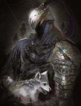 1boy abyssmalenia animal armor artorias_the_abysswalker baby_animal blue_cloak cloak dark_souls_(series) dark_souls_i dog faceless faceless_male full_armor gauntlets great_grey_wolf_sif grey_wolf helmet highres humanity_(dark_souls) male_focus plume puppy silver_armor upper_body wolf