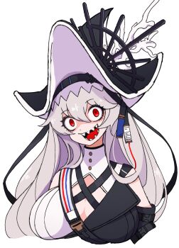 1girl arknights bare_shoulders black_hat breasts cleavage_cutout clothing_cutout commentary_request crazy crazy_smile cropped_torso dr_yamero grey_hair hair_between_eyes hat high_collar highres large_breasts long_hair looking_at_viewer open_mouth red_eyes sharp_teeth simple_background smile solo specter_(arknights) specter_the_unchained_(arknights) teeth two-sided_fabric two-sided_headwear white_background white_hat
