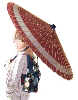 1girl alternate_costume brown_eyes brown_hair commentary_request floral_print from_side highres holding holding_umbrella isshiki_iroha japanese_clothes kimono long_sleeves looking_at_viewer medium_hair multicolored_nails nail_polish obi oil-paper_umbrella parted_lips print_kimono print_umbrella red_nails red_umbrella sash simple_background solo umbrella upper_body white_background white_kimono wide_sleeves yahari_ore_no_seishun_lovecome_wa_machigatteiru. yellow_nails yoka_shirakawa