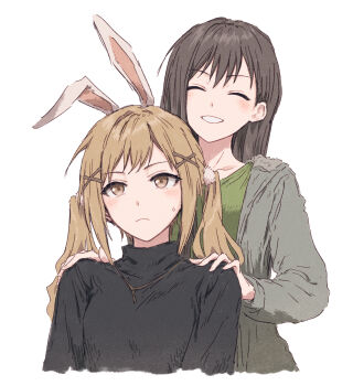 2girls :d animal_ears bang_dream! black_hair black_sweater blonde_hair closed_eyes cropped_torso cross_hair_ornament double-parted_bangs fake_animal_ears green_shirt grey_jacket grin hair_ornament hairclip hanazono_tae hands_on_another&#039;s_shoulders highres hood hooded_jacket ichigaya_arisa jacket jewelry light_frown long_hair long_sleeves looking_past_viewer multiple_girls necklace open_mouth rabbit_ears revision shirt sidelocks small_sweatdrop smile sweater t-shirt turtleneck turtleneck_sweater twintails x_hair_ornament yukitake_(xuserpost)
