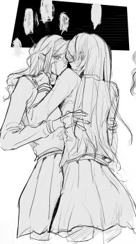 2girls bang_dream! bang_dream!_it's_mygo!!!!! chihaya_anon commentary funame111 greyscale highres hug long_hair long_sleeves monochrome multiple_girls nagasaki_soyo pleated_skirt school_uniform shirt skirt tsukinomori_school_uniform yuri