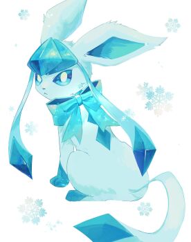 aqua_bow blue_eyes bow bright_pupils closed_mouth commentary_request gen_4_pokemon glaceon highres looking_at_viewer nintendo no_humans pokemon pokemon_(creature) pokemon_focus rou_ursitn sitting snowflakes solo white_background white_pupils