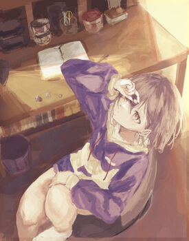 1girl absurdres bang_dream! bang_dream!_it&#039;s_mygo!!!!! blue_hoodie blue_shorts brown_eyes commentary desk grey_hair highres holding holding_rock hood hood_down hoodie indoors latte_bf leg_up no_shoes notebook rock short_hair shorts sitting solo table takamatsu_tomori