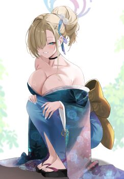 1girl absurdres alternate_costume asuna_(blue_archive) bare_shoulders black_choker blonde_hair blue_archive blue_eyes blue_kimono blue_ribbon breasts choker cleavage commentary english_commentary fingernails full_body hair_over_one_eye hair_ribbon halo highres japanese_clothes kimono large_breasts looking_at_viewer miz_blank nail_polish off_shoulder okobo platform_sandals ribbon sandals solo squatting