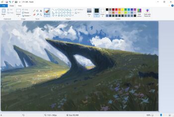 art_program_in_frame blue_flower cave christian_young cliff cloud cloudy_sky commentary flower grass landscape meadow microsoft_paint_(medium) microsoft_paint_(software) mountainous_horizon no_humans original outdoors painterly pink_flower scenery screencap sky too_many_flowers