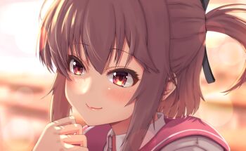 Rule 34 | 1girl, absurdres, blurry, blurry background, blush, brown eyes, brown hair, closed mouth, collared shirt, commentary request, depth of field, etou kanami, fear jyosyu, hair between eyes, hair ribbon, half updo, highres, lips, looking at viewer, minoseki gakuin uniform, one side up, red sailor collar, ribbon, sailor collar, school uniform, shirt, short hair, sidelocks, smile, solo, toji no miko, upper body, white shirt, winter uniform