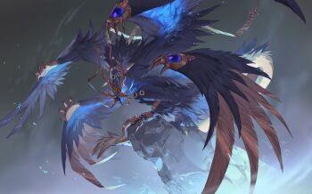 Rule 34 | absurdres, black fur, black wings, blue background, blue fur, claws, dragon, extra eyes, full body, gradient background, highres, horns, leviair, looking at viewer, multiple wings, no humans, open mouth, original, pink eyes, rock, sharp teeth, solo, tail, teeth, wings