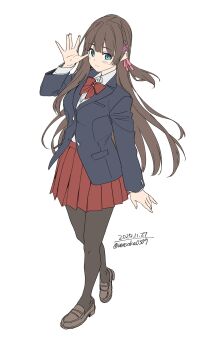 1girl absurdres black_pantyhose blue_eyes blue_jacket bow bowtie braid breasts brown_hair closed_mouth collared_shirt full_body hair_ornament hair_ribbon hairclip highres jacket long_hair long_sleeves looking_at_viewer original pantyhose pink_ribbon pleated_skirt red_skirt ribbon school_uniform shirt simple_background skirt solo unasaka_ryou white_background white_shirt
