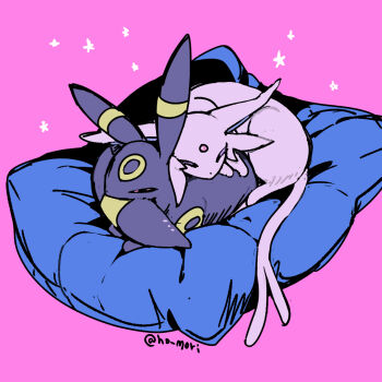 animal_focus animal_hands black_fur closed_eyes closed_mouth curled_up espeon facial_mark forehead_jewel forehead_mark forked_tail full_body gem gen_2_pokemon harurie nintendo no_humans on_pillow pink_background pokemon pokemon_(creature) pokemon_focus purple_fur red_gemstone simple_background sleeping tail umbreon yellow_fur
