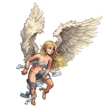 1girl angel_wings blonde_hair blue_eyes bracelet breasts clothes_around_waist collarbone commentary english_commentary feathered_wings floating flying from_side hair_between_eyes hand_on_own_leg jewelry large_breasts long_hair looking_to_the_side navel nude original pixel_art reffpixels sidelocks simple_background white_background wings