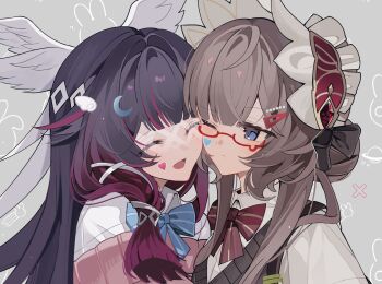 Rule 34 | 2girls, alternate costume, black hair, blue eyes, blush, bow, brown hair, cardigan, close-up, closed eyes, closed mouth, cloud, columbina (genshin impact), commentary, english commentary, eye mask, feathered wings, genshin impact, glasses, hair ornament, head wings, headdress, heart, highres, long hair, mask, multicolored hair, multiple girls, multiple wings, purple hair, purple streaks, rabbit, ribbon, sandrone (genshin impact), see-through clothes, see-through mask, short hair with long locks, smile, two-tone hair, very long hair, white headdress, white mask, white wings, wing hair ornament, wings, x-shaped eyewear, xu (anniechika)