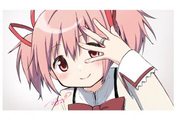 Rule 34 | 1girl, asukaru (magika ru), blush, border, bow, bowtie, closed mouth, dated, grey background, hair between eyes, hair ribbon, hand up, highres, jewelry, kaname madoka, long sleeves, looking at viewer, mahou shoujo madoka magica, mahou shoujo madoka magica (anime), pink eyes, pink hair, portrait, red bow, red bowtie, red ribbon, ribbon, ring, shirt, short hair, short twintails, sidelocks, signature, simple background, smile, solo, twintails, white border, yellow shirt