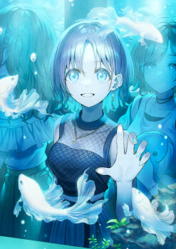 3girls absurdres aquarium asakura_toru black_choker black_dress black_skirt blue_eyes blue_nails character_request choker colored_inner_hair dress earrings fish hair_ornament hairclip hand_up highres idolmaster idolmaster_shiny_colors jewelry medium_hair multicolored_hair multiple_girls necklace parted_bangs sho_(sumika) skirt stuffed_whale