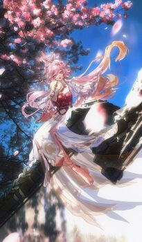 Rule 34 | 1girl, absurdres, barefoot, blonde hair, blue sky, breasts, cherry blossoms, chinese clothes, chinese commentary, chinese hairstyle, commentary request, diamond-shaped pupils, diamond (shape), dress, elf, elysia (hi love elf) (honkai impact), elysia (honkai impact), elysia (lunar grace) (honkai impact), feet, flower, hair flower, hair ornament, hand fan, highres, holding, holding fan, honkai (series), honkai impact 3rd, large breasts, long hair, multicolored hair, official alternate costume, pink hair, pointy ears, purple eyes, sitting, sky, solo, symbol-shaped pupils, toes, tree, very long hair, white dress, white hair, yu diandian