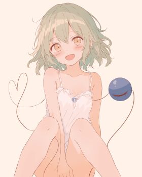 1girl :d absurdres bare_legs bare_shoulders barefoot blush check_commentary collarbone commentary_request green_hair heart heart_of_string highres iris-san komeiji_koishi looking_at_viewer open_mouth sitting smile solo strap_slip string striped_background third_eye touhou