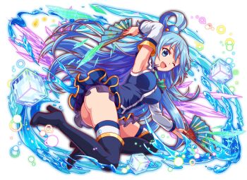 1girl :d anime_coloring aqua_(konosuba) aqua_eyes aqua_hair arm_behind_head armpits artist_request ass bare_shoulders big_hair blue_boots blue_outline blue_shirt blue_skirt blue_trim boots bow breasts bright_pupils crash_fever cube detached_sleeves dutch_angle eyelashes floating_hair folding_fan frilled_skirt frills full_body game_cg green_bow hair_bobbles hair_ornament half_updo hand_fan happy high_heel_boots high_heels holding holding_fan impossible_clothes kono_subarashii_sekai_ni_shukufuku_wo! large_breasts layered_skirt light_particles long_hair long_sleeves looking_at_viewer microskirt no_panties number_print numbered official_art official_style one_eye_closed open_mouth outline pleated_skirt ponytail print_thighhighs red_outline see-through_skirt_layer shirt shirt_bow short_ponytail sidelocks simple_background skirt sleeveless sleeveless_shirt smile solo square square_print straight_hair tachi-e thighhighs third-party_source transparent_background twisted_torso very_long_hair water_drop white_thighhighs white_trim yellow_trim