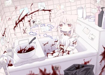 1girl ahoge animal_ears ashi_izumo bathroom bathtub bathtub_tray blood blood_on_clothes blood_splatter bloody_weapon bow bowtie cat_ears cat_girl closed_mouth commentary dress expressionless highres holding_detached_head hugging_object indoors looking_at_viewer medium_hair murder original photo_(object) red_bow red_bowtie red_eyes severed_head shampoo_bottle symbol-only_commentary tile_wall tiles towel trash_bag washpan weapon white_dress white_hair yandere