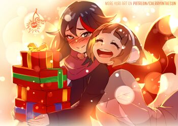 2girls :d black_hair black_jacket blurry blush bokeh brown_hair cherry_in_the_sun christmas christmas_present closed_eyes commentary depth_of_field earmuffs english_commentary gift grey_jacket hug hug_from_behind jacket kill_la_kill mankanshoku_mako matoi_ryuuko multicolored_hair multiple_girls open_mouth red_hair red_sky sky smile streaked_hair yuri