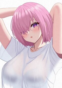 1girl :o absurdres arms_behind_head arms_up breasts collarbone commentary_request ego_121224 fate/grand_order fate_(series) hair_over_one_eye highres large_breasts looking_at_viewer mash_kyrielight partial_commentary pink_eyes pink_hair shirt short_hair short_sleeves simple_background solo t-shirt white_background white_shirt