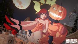 1boy 1girl 3d anal animated arms_behind_back breasts broken_halo colored_skin green_eyes guilty_gear guilty_gear_strive halo hetero jack-o&#039;_valentine leg_grab legs_together looking_back moaning multicolored_hair nipples nude orange_skin outdoors penis pumping pumpkin pussy rape red_hair reverse_suspended_congress rouge_nine sex sex_from_behind sound uncensored video wallimog white_hair