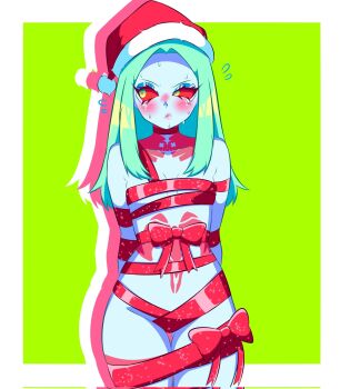 Rule 34 | 1girl, artificial eye, averting eyes, blizzard (b1iz4rd), blush, bow, colored sclera, cowboy, cyberpunk: edgerunners, cyberpunk (series), cyborg, hat, highres, leg tattoo, mechanical eye, naked ribbon, neck tattoo, pink tattoo, rebecca (cyberpunk), red ribbon, red sclera, ribbon, santa hat, simple background, solo, stomach tattoo, sweat, tattoo, western